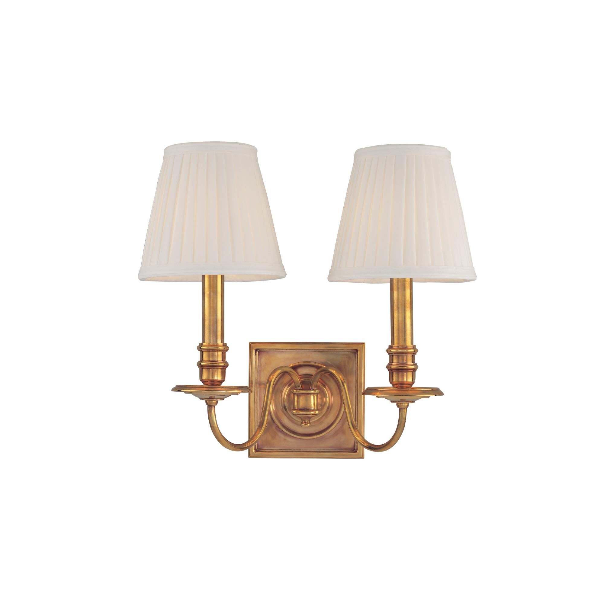 Shown in Aged Brass finish and Off White Faux Silk shade